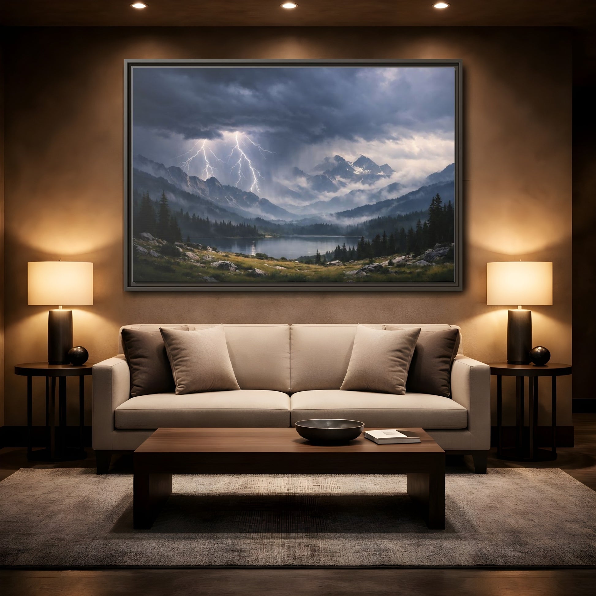 Mockup 2. Nature Lightning Storm Mountain Lightning Storm shown as stretched canvas wall art