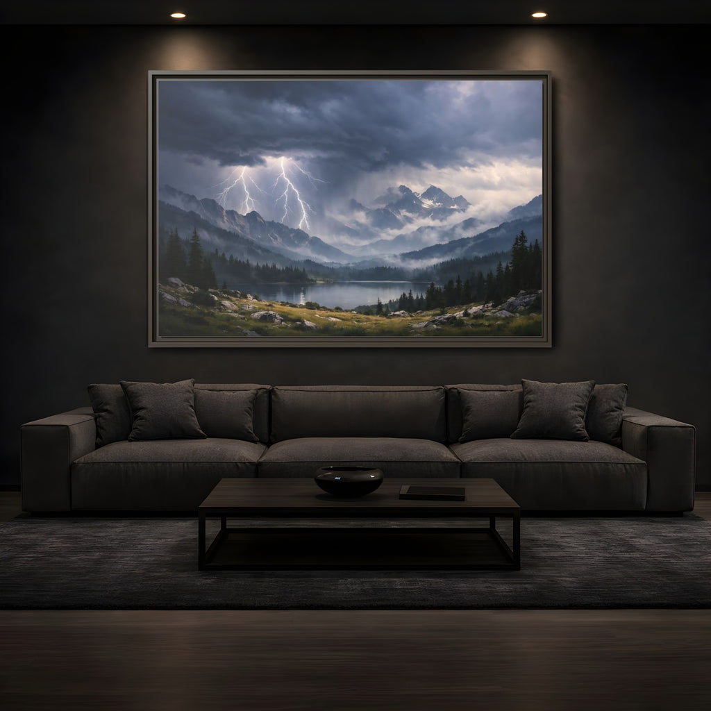 Mockup 3. Nature Lightning Storm Mountain Lightning Storm shown as stretched canvas wall art