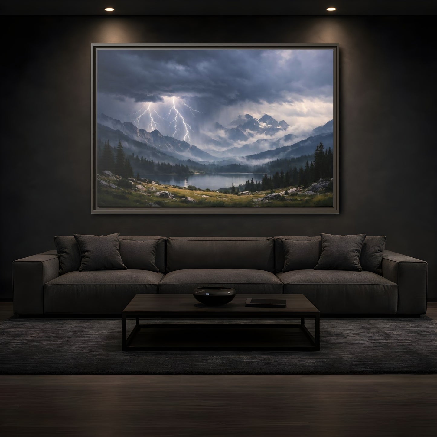 Mockup 3. Nature Lightning Storm Mountain Lightning Storm shown as stretched canvas wall art