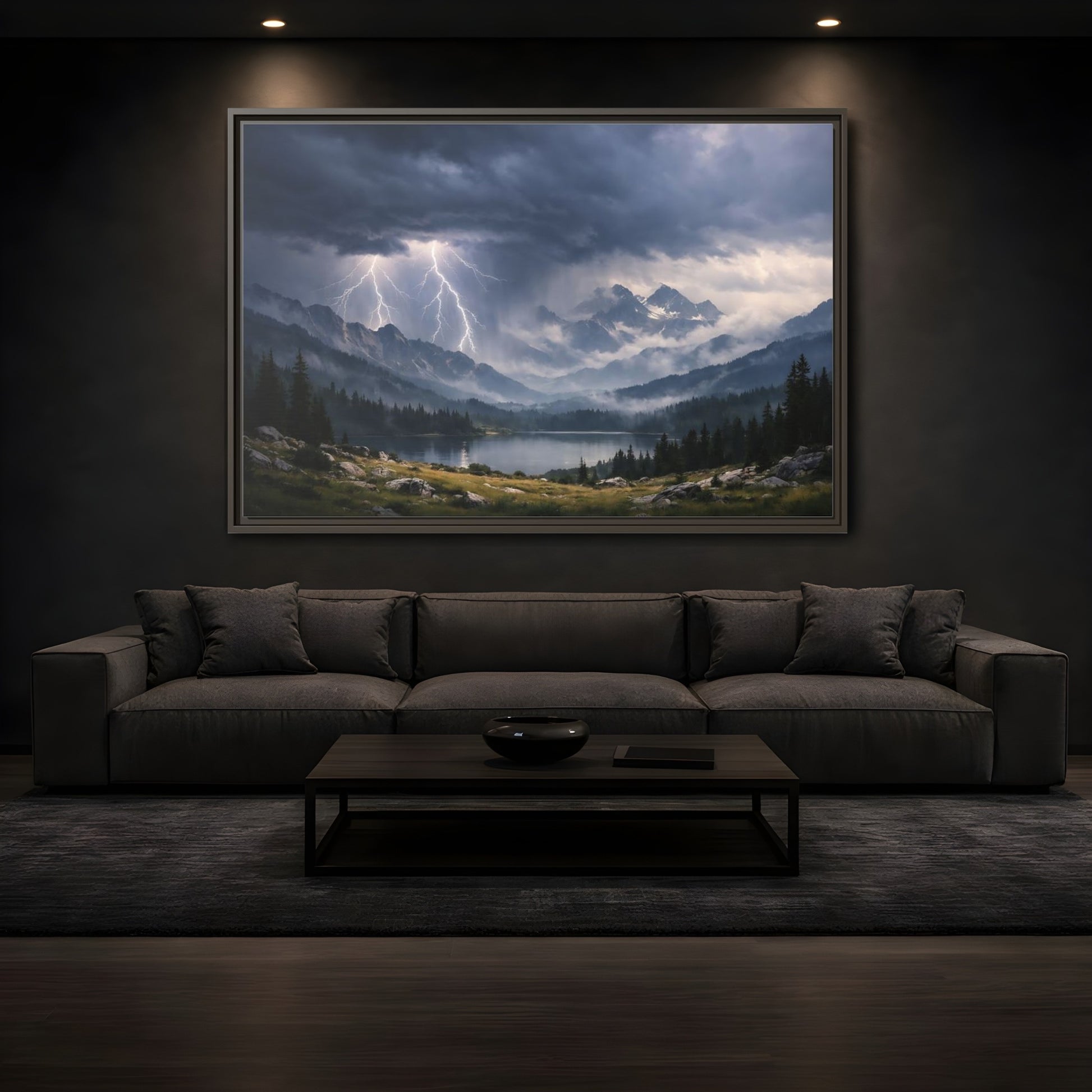 Mockup 3. Nature Lightning Storm Mountain Lightning Storm shown as stretched canvas wall art