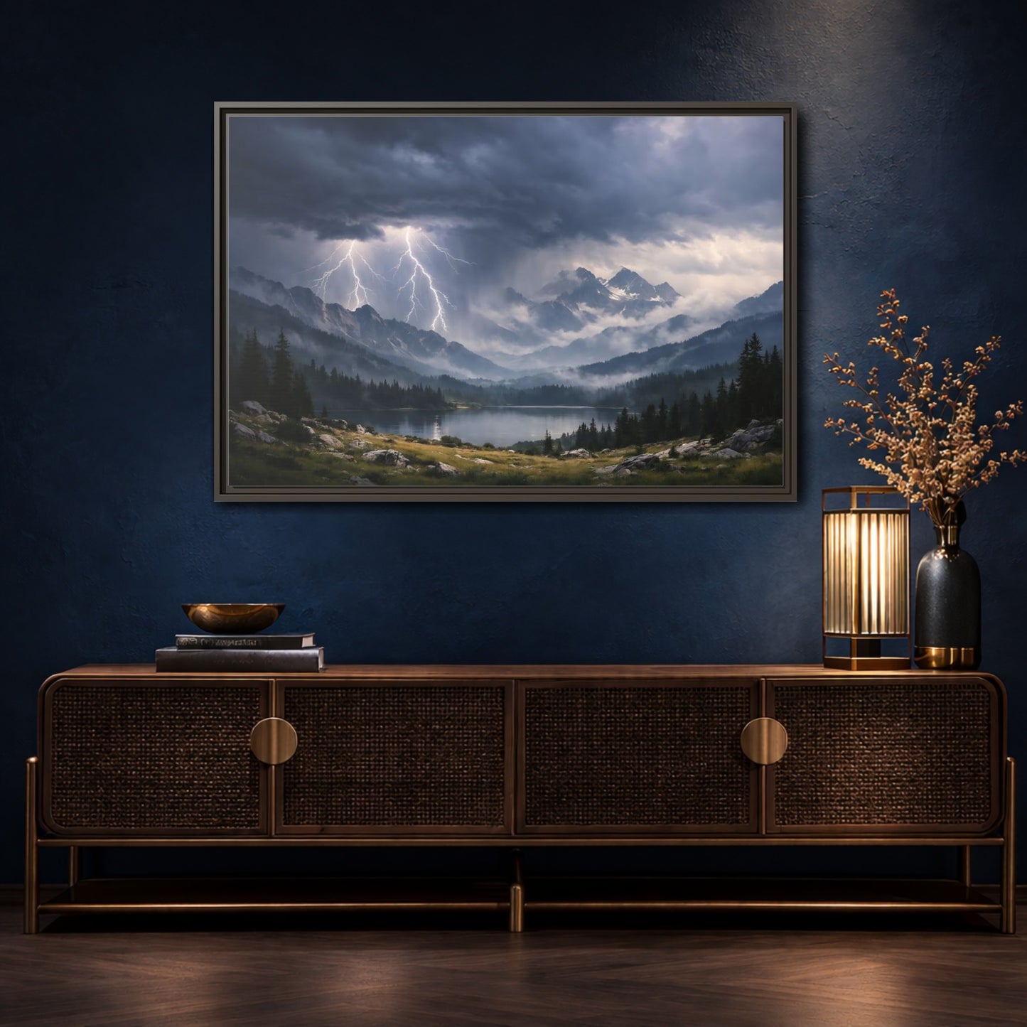 Mockup 4. Nature Lightning Storm Mountain Lightning Storm shown as stretched canvas wall art