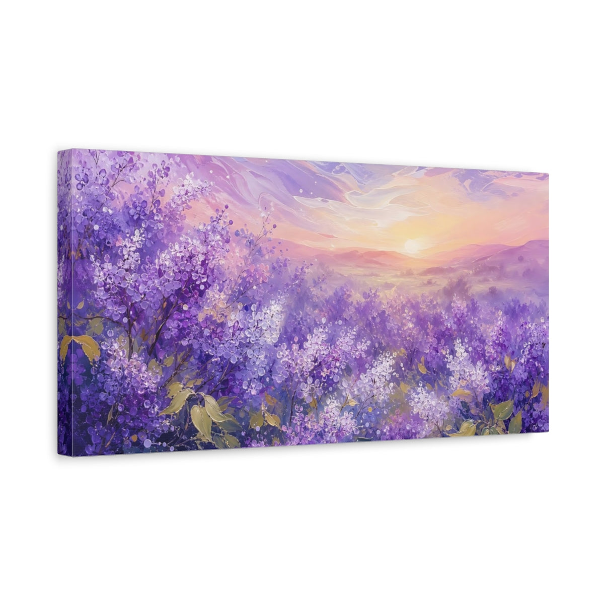 Side Mockup 3. Nature Lilac Field Purple Lilac Landscape shown as stretched canvas wall art