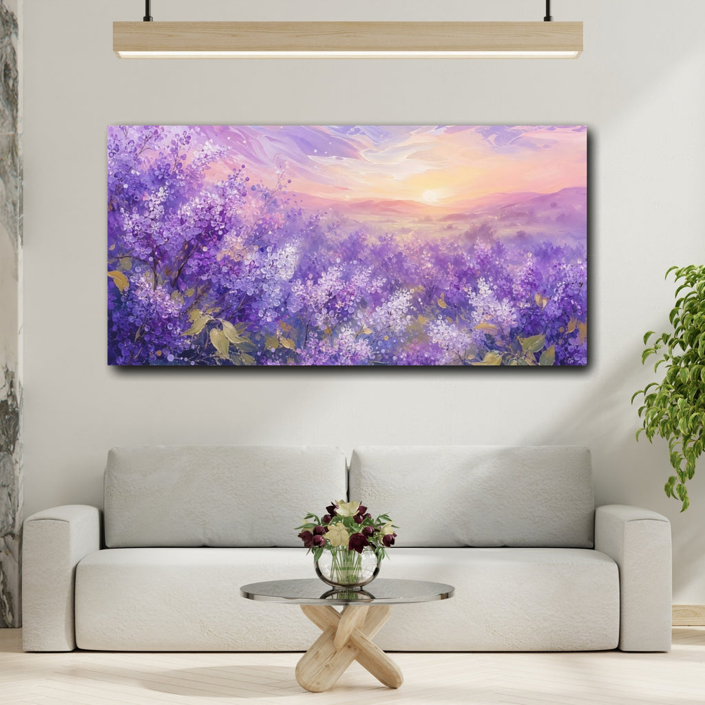 Mockup 2. Nature Lilac Field Purple Lilac Landscape shown as stretched canvas wall art