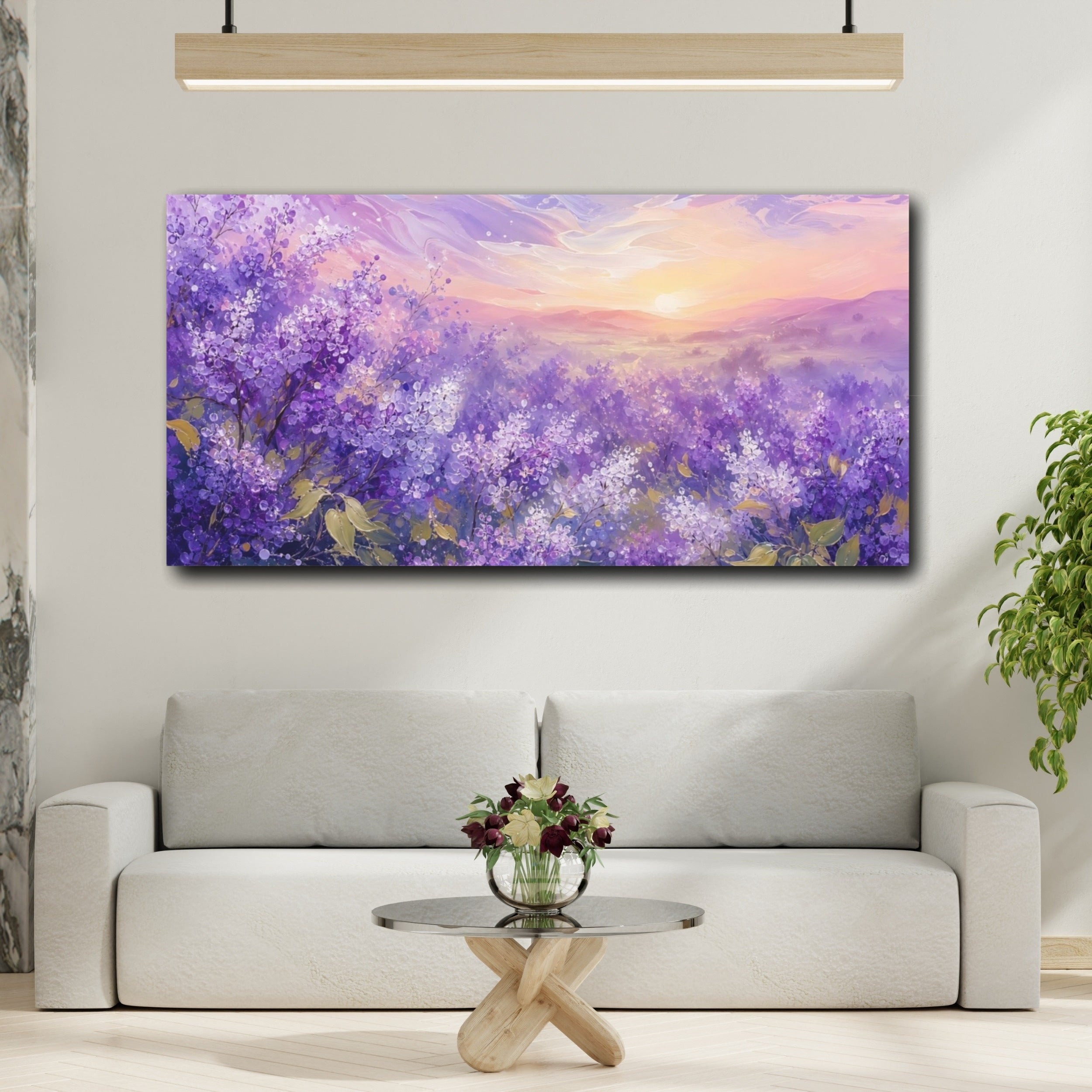 Mockup 2. Nature Lilac Field Purple Lilac Landscape shown as stretched canvas wall art
