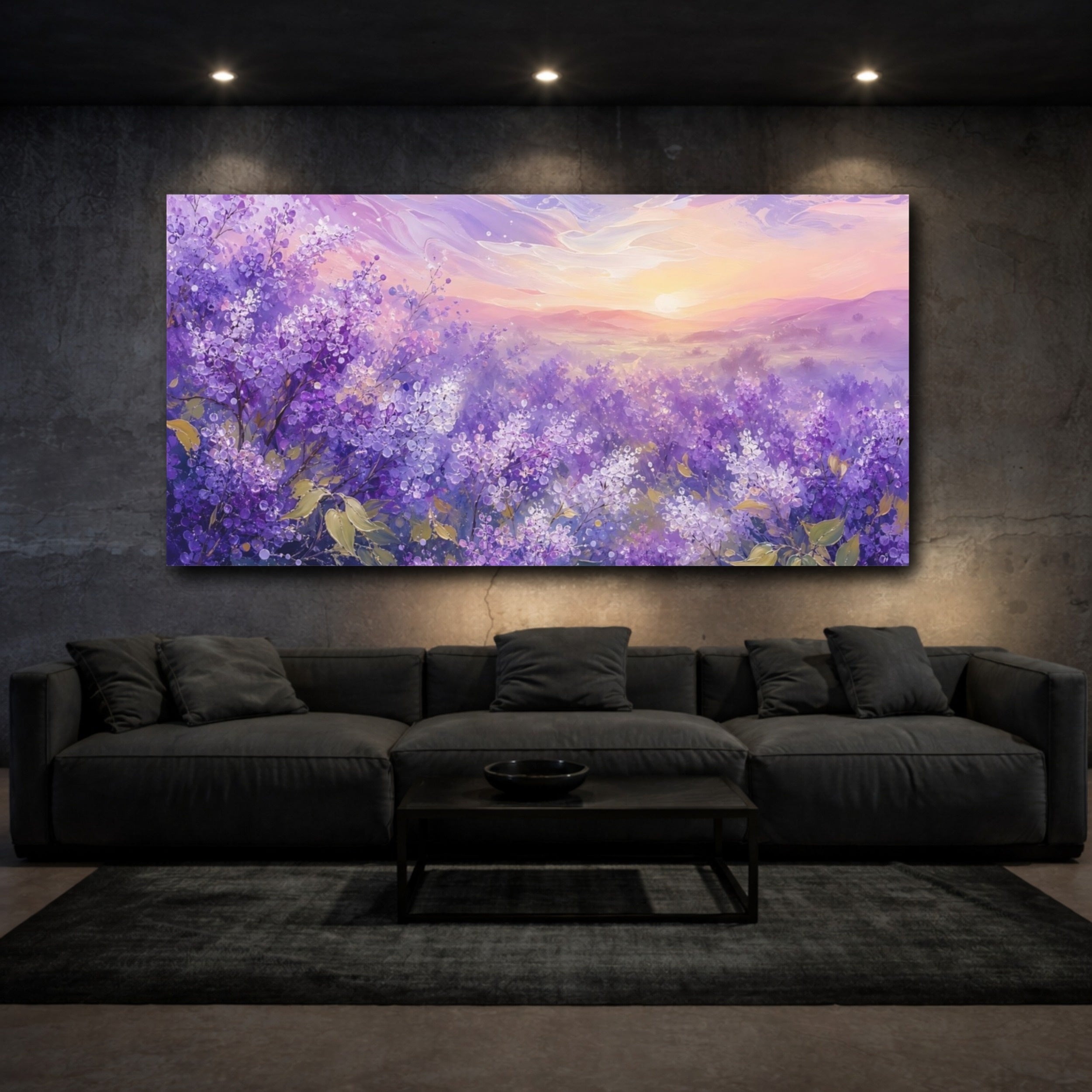 Mockup 3. Nature Lilac Field Purple Lilac Landscape shown as stretched canvas wall art