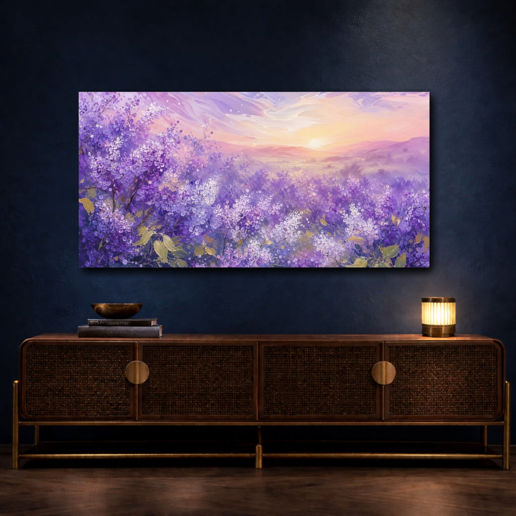 Mockup 4. Nature Lilac Field Purple Lilac Landscape shown as stretched canvas wall art