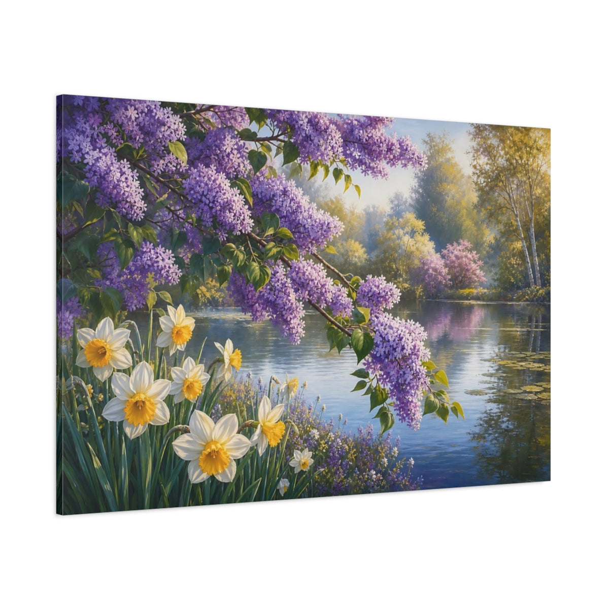 Side Mockup 1. Nature Lilac Flowers Purple Lilac Landscape shown as stretched canvas wall art