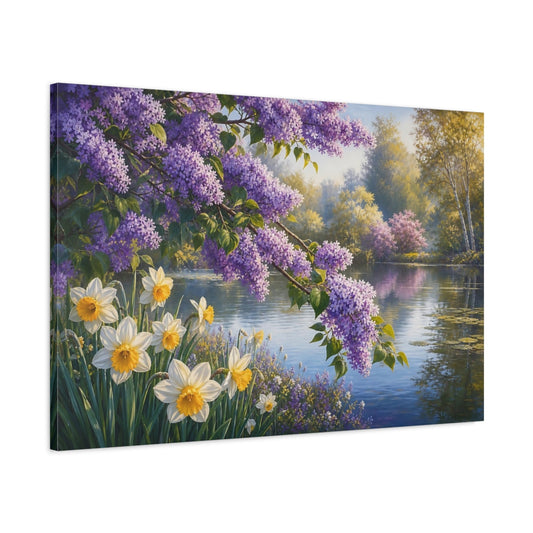 Main Mockup. Nature Lilac Flowers Purple Lilac Landscape shown as stretched canvas wall art