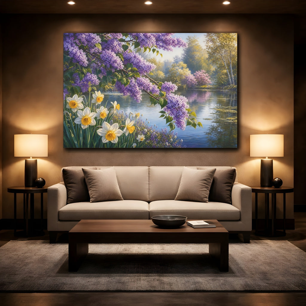Mockup 2. Nature Lilac Flowers Purple Lilac Landscape shown as stretched canvas wall art