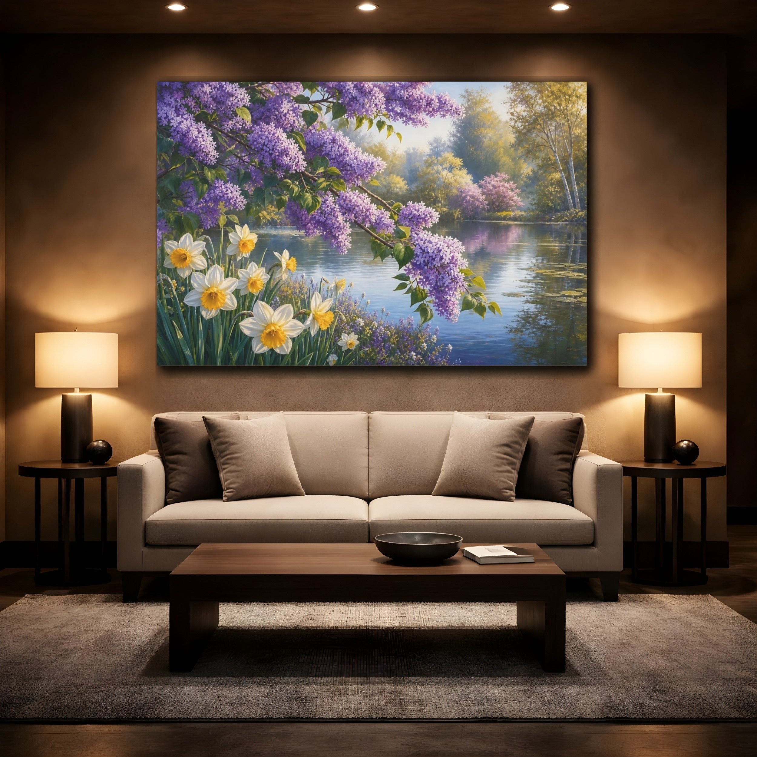 Mockup 2. Nature Lilac Flowers Purple Lilac Landscape shown as stretched canvas wall art