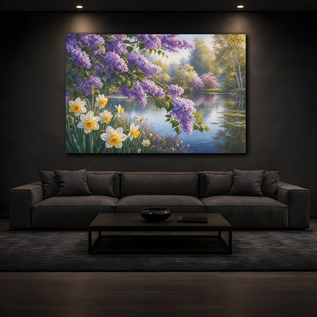 Mockup 3. Nature Lilac Flowers Purple Lilac Landscape shown as stretched canvas wall art