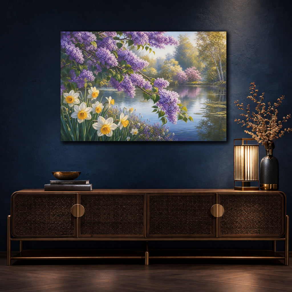 Mockup 4. Nature Lilac Flowers Purple Lilac Landscape shown as stretched canvas wall art