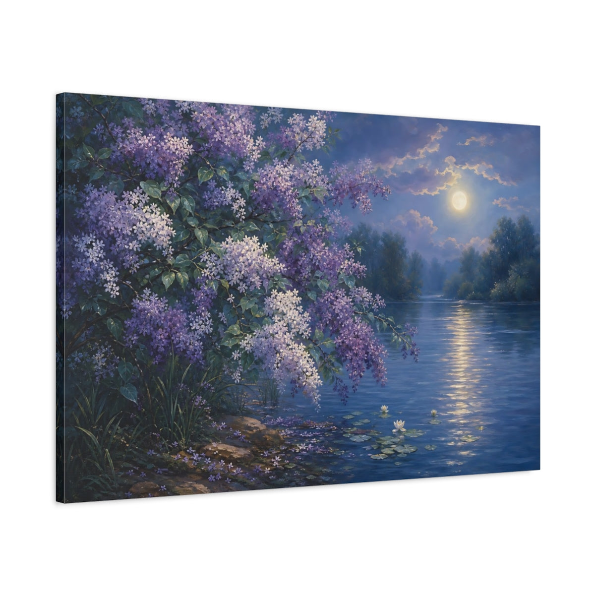 Main Mockup. Nature Lilac Flowers Purple Lilac Night shown as stretched canvas wall art