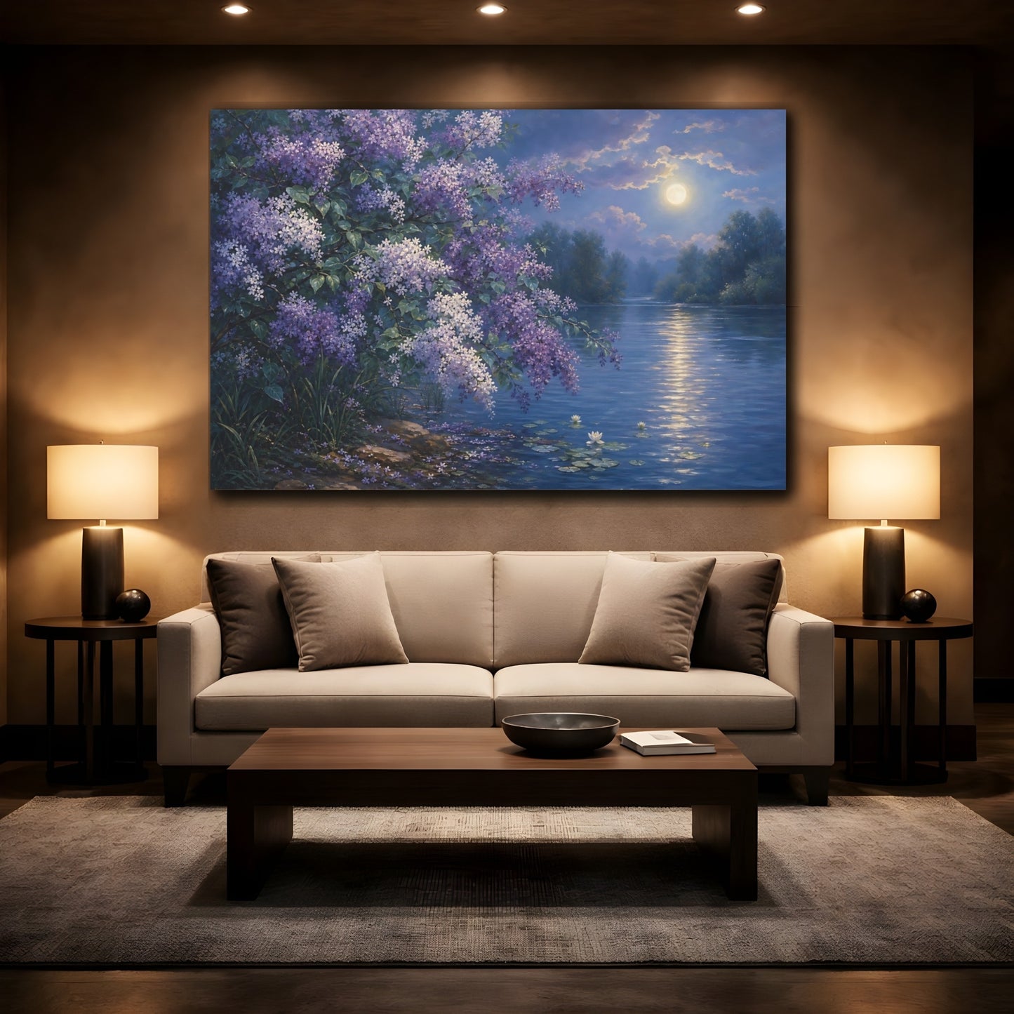 Mockup 2. Nature Lilac Flowers Purple Lilac Night shown as stretched canvas wall art