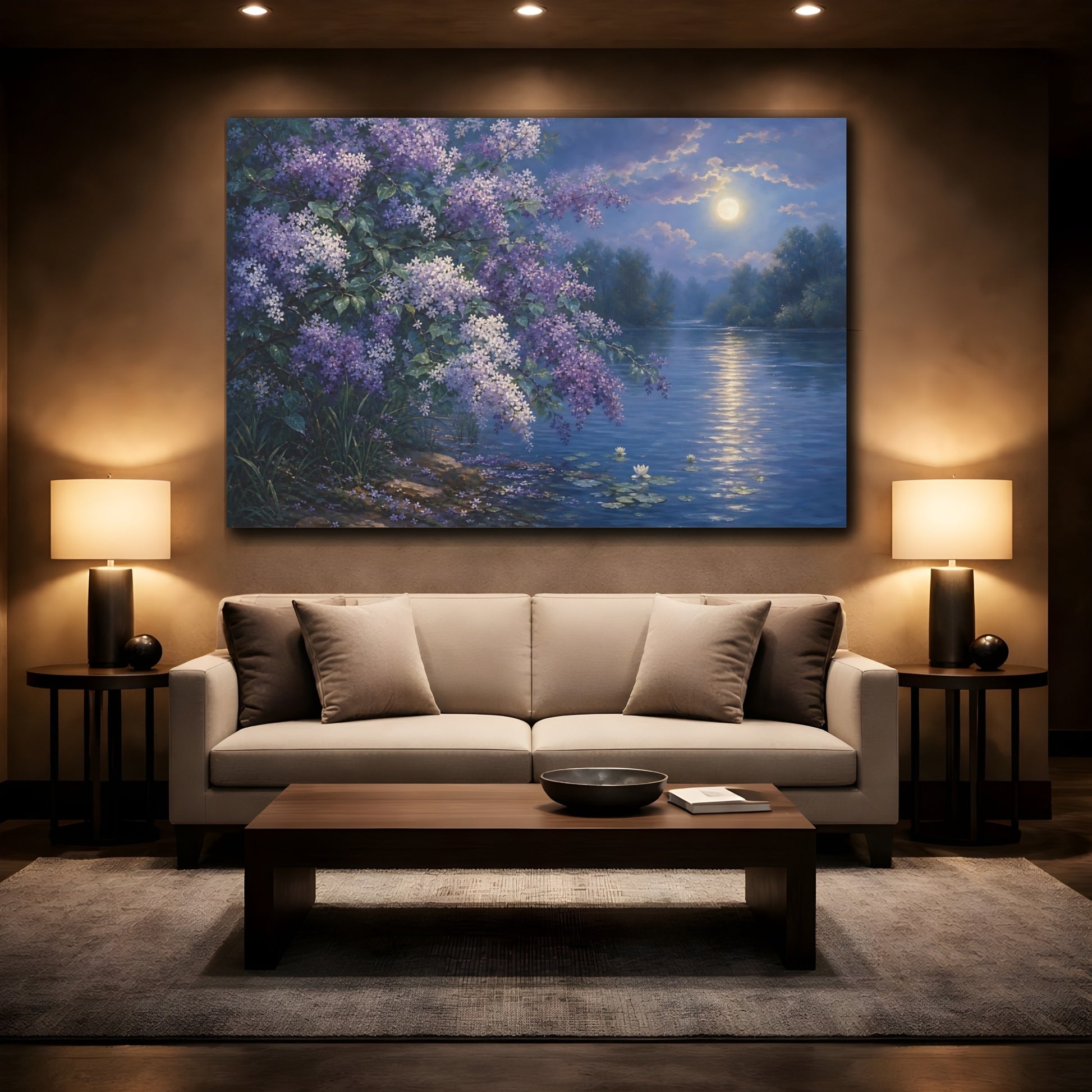 Mockup 2. Nature Lilac Flowers Purple Lilac Night shown as stretched canvas wall art