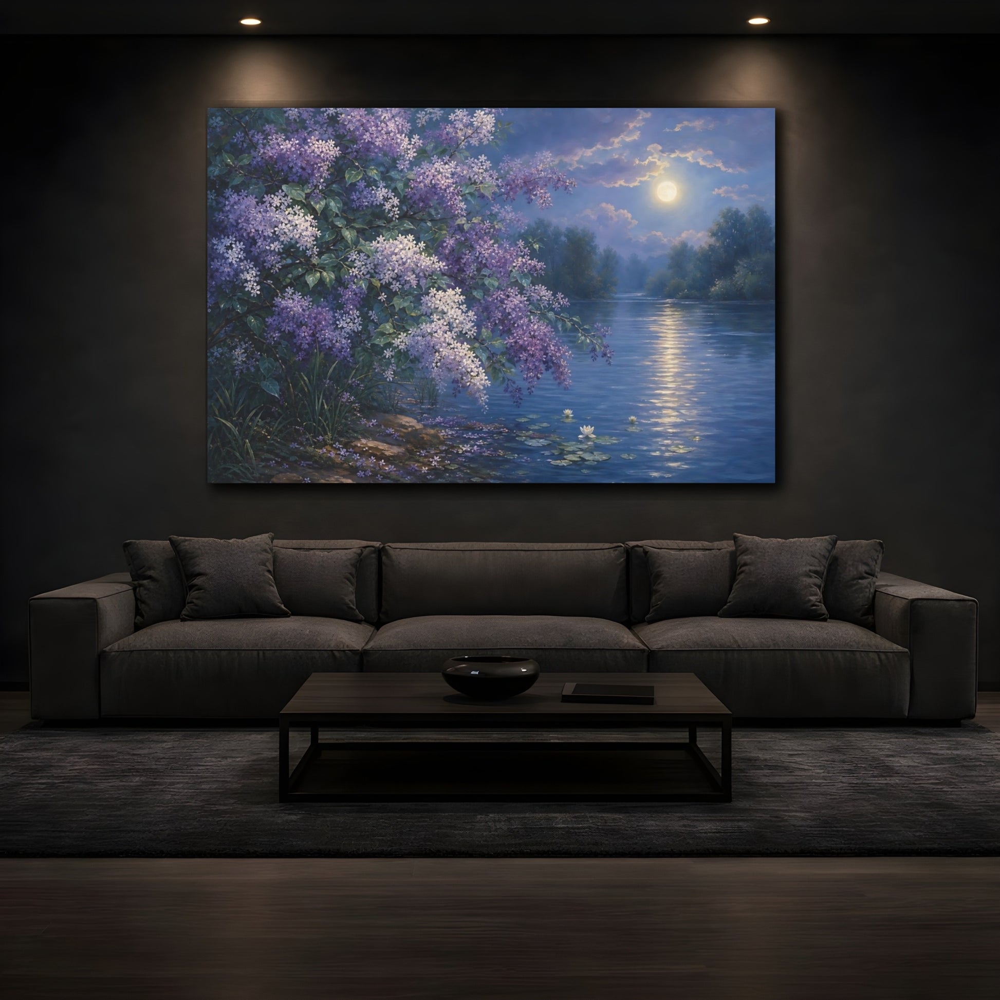 Mockup 3. Nature Lilac Flowers Purple Lilac Night shown as stretched canvas wall art
