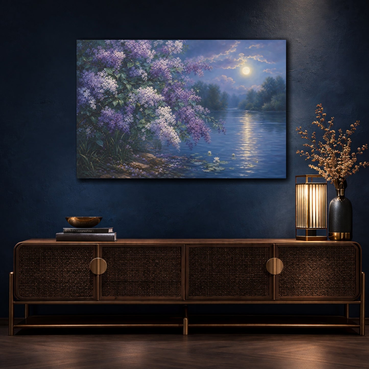 Mockup 4. Nature Lilac Flowers Purple Lilac Night shown as stretched canvas wall art