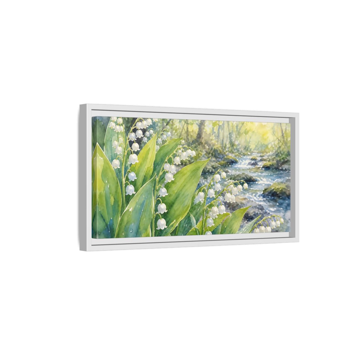 Side Mockup 6. Nature Lily Of The Valley Green White Floral shown as stretched canvas wall art