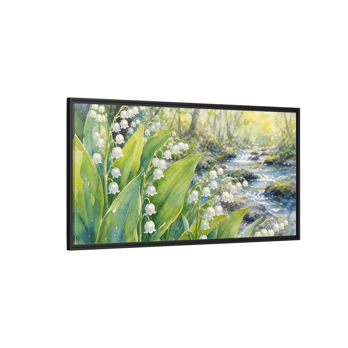 Side Mockup 5. Nature Lily Of The Valley Green White Floral shown as stretched canvas wall art