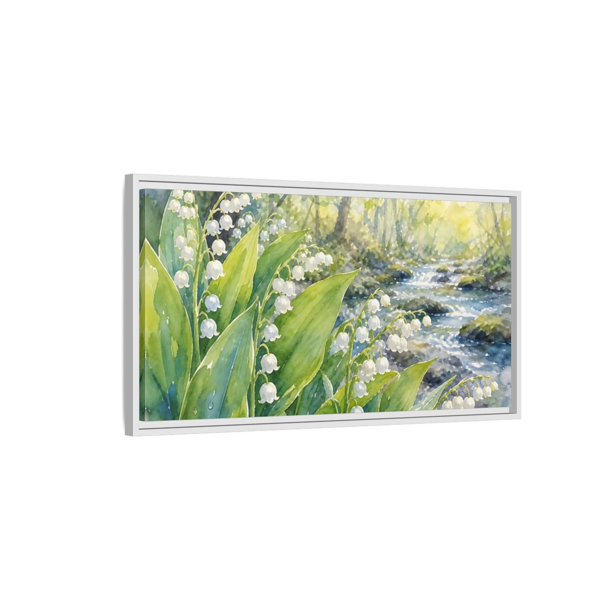 Side Mockup 1. Nature Lily Of The Valley Green White Floral shown as stretched canvas wall art