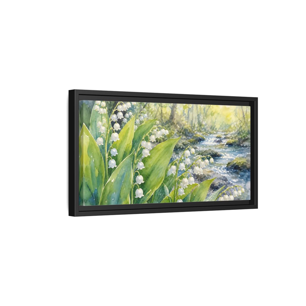 Side Mockup 8. Nature Lily Of The Valley Green White Floral shown as stretched canvas wall art