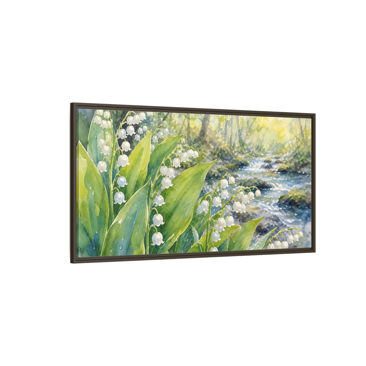 Side Mockup 4. Nature Lily Of The Valley Green White Floral shown as stretched canvas wall art