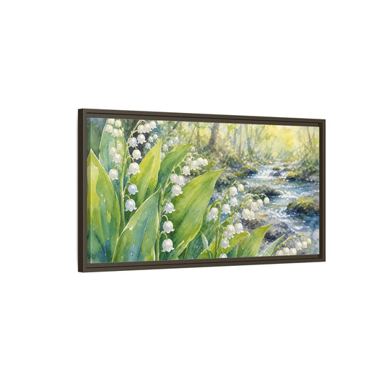 Main Mockup. Nature Lily Of The Valley Green White Floral shown as stretched canvas wall art