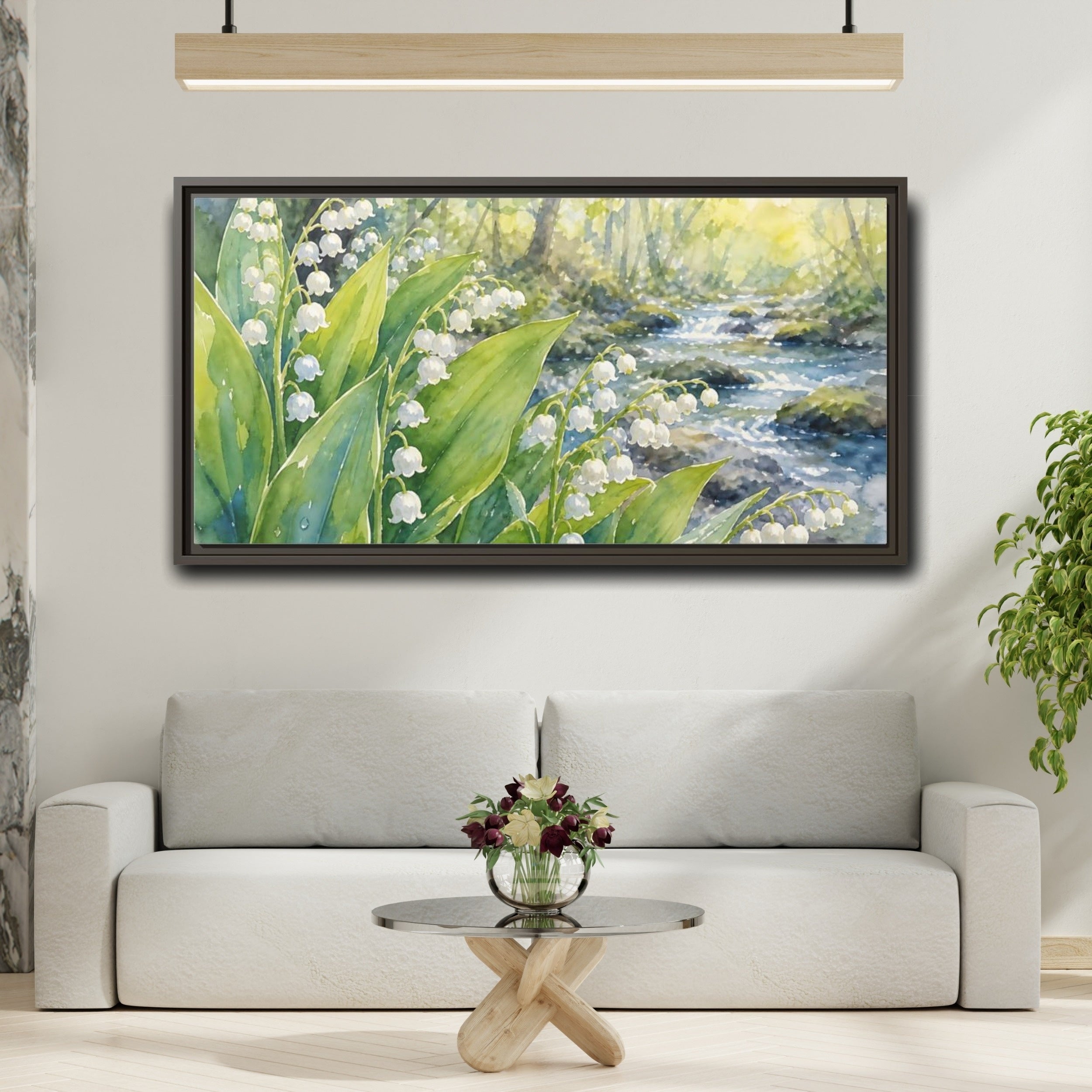 Mockup 2. Nature Lily Of The Valley Green White Floral shown as stretched canvas wall art