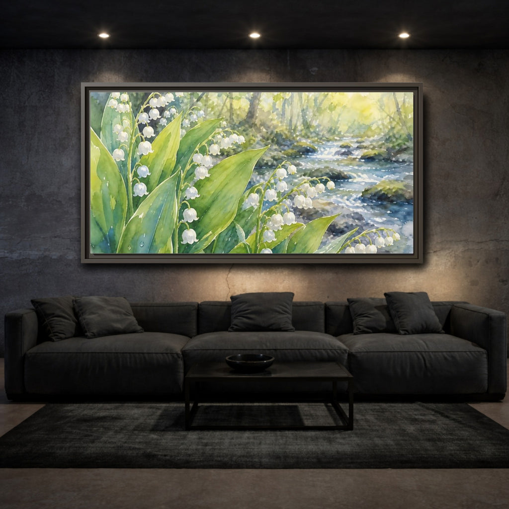 Mockup 3. Nature Lily Of The Valley Green White Floral shown as stretched canvas wall art