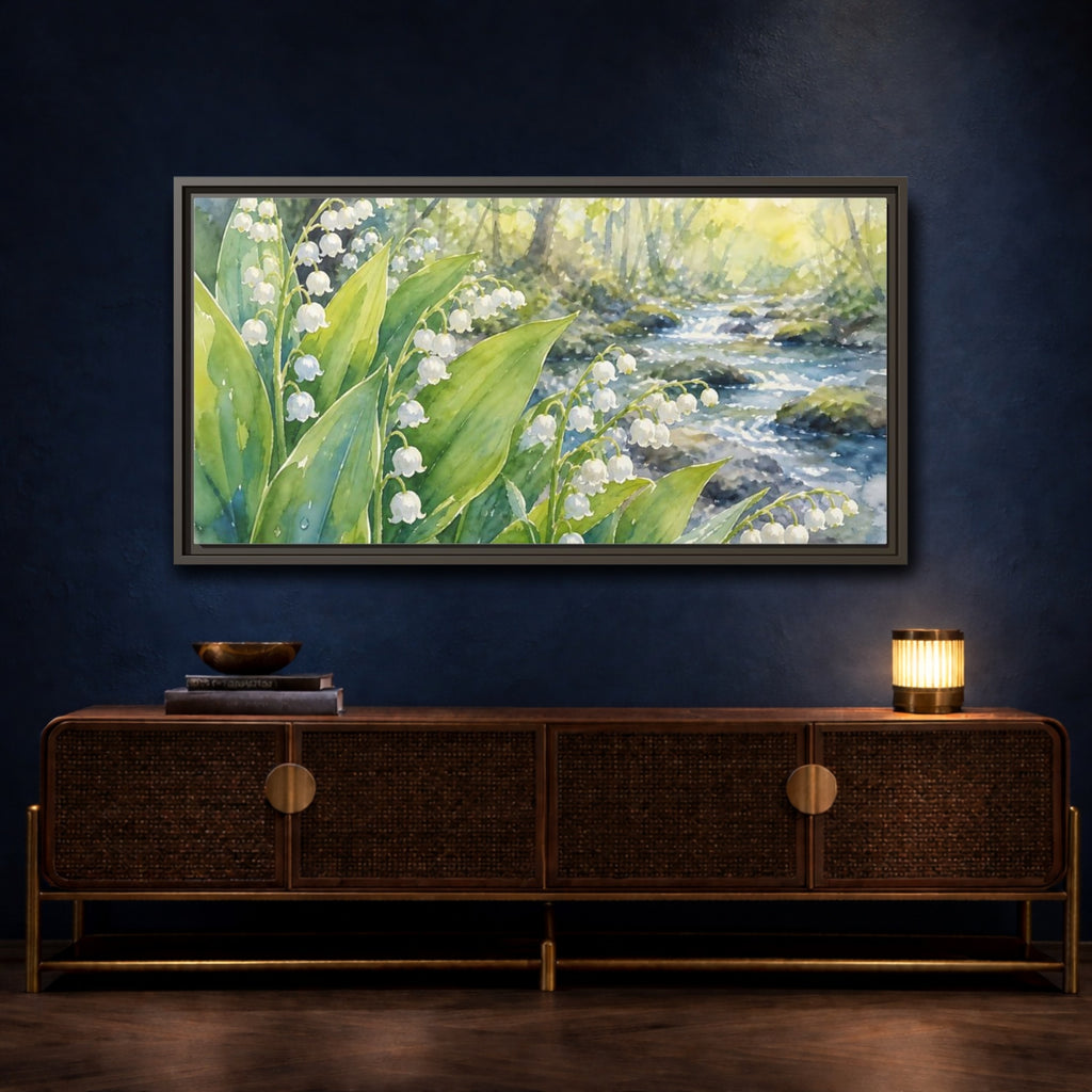 Mockup 4. Nature Lily Of The Valley Green White Floral shown as stretched canvas wall art