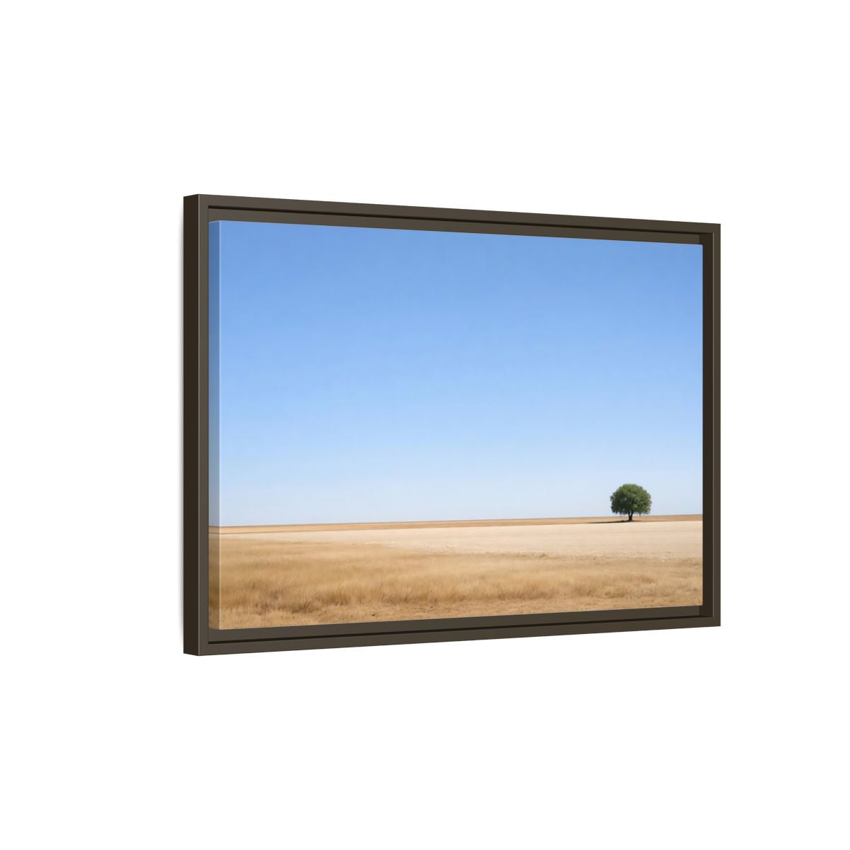 Side Mockup 2. Nature Lone Tree Blue And Gold shown as stretched canvas wall art