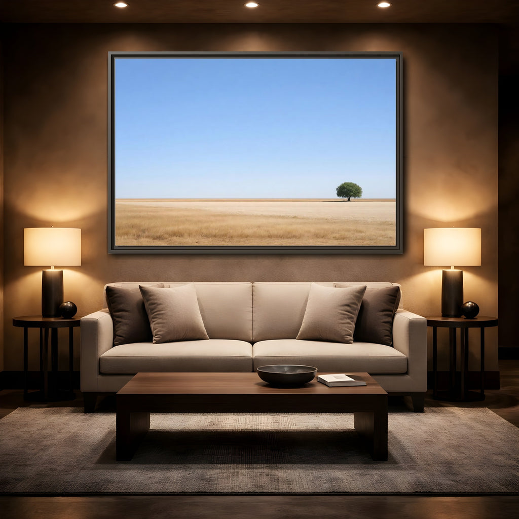 Mockup 2. Nature Lone Tree Blue And Gold shown as stretched canvas wall art