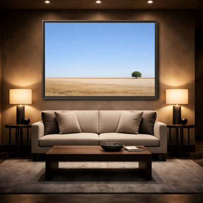 Mockup 2. Nature Lone Tree Blue And Gold shown as stretched canvas wall art