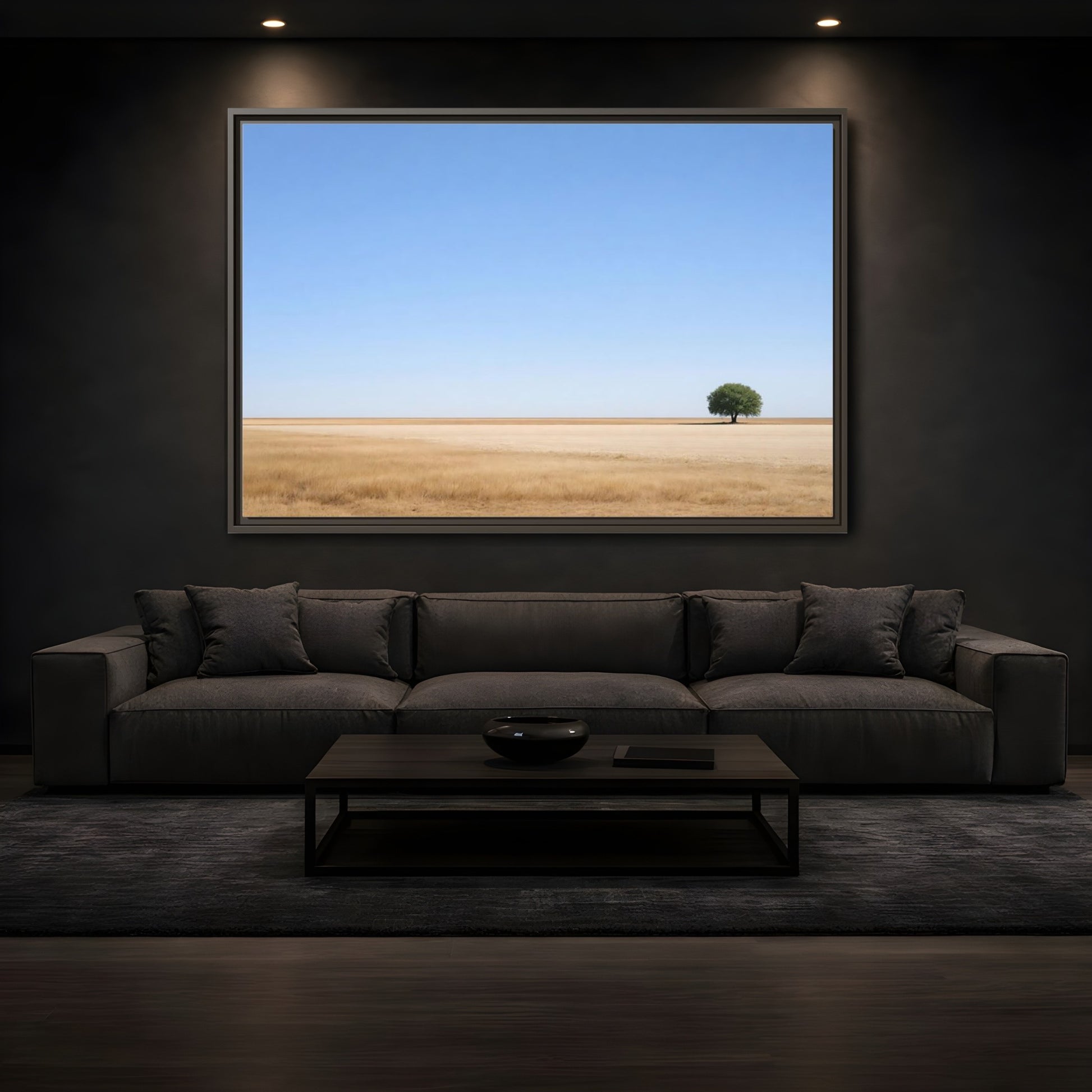 Mockup 3. Nature Lone Tree Blue And Gold shown as stretched canvas wall art