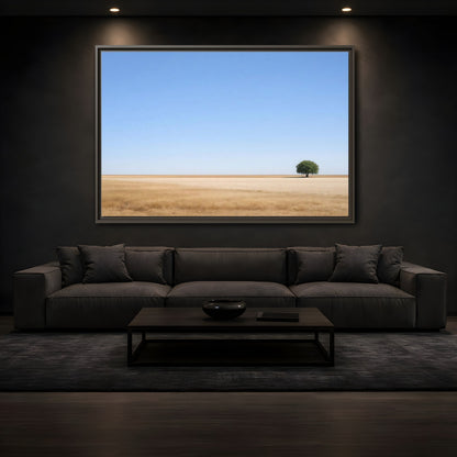Mockup 3. Nature Lone Tree Blue And Gold shown as stretched canvas wall art