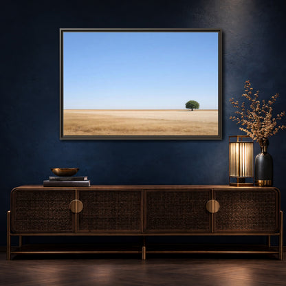 Mockup 4. Nature Lone Tree Blue And Gold shown as stretched canvas wall art