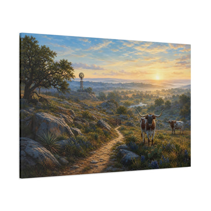 Side Mockup 1. Nature Longhorn Cattle Rustic Longhorn Landscape shown as stretched canvas wall art