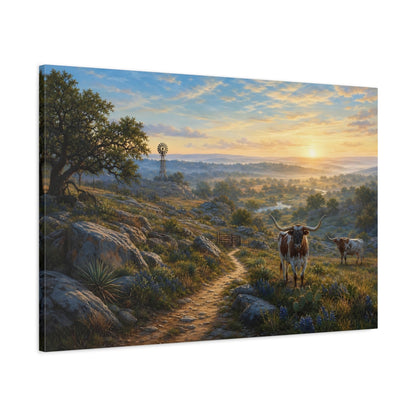 Main Mockup. Nature Longhorn Cattle Rustic Longhorn Landscape shown as stretched canvas wall art