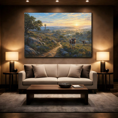 Mockup 2. Nature Longhorn Cattle Rustic Longhorn Landscape shown as stretched canvas wall art