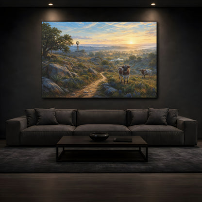 Mockup 3. Nature Longhorn Cattle Rustic Longhorn Landscape shown as stretched canvas wall art