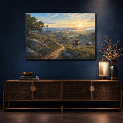 Mockup 4. Nature Longhorn Cattle Rustic Longhorn Landscape shown as stretched canvas wall art