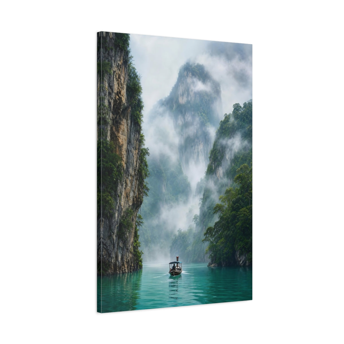 Main Mockup. Nature Longtail Boat Turquoise Green Landscape shown as stretched canvas wall art