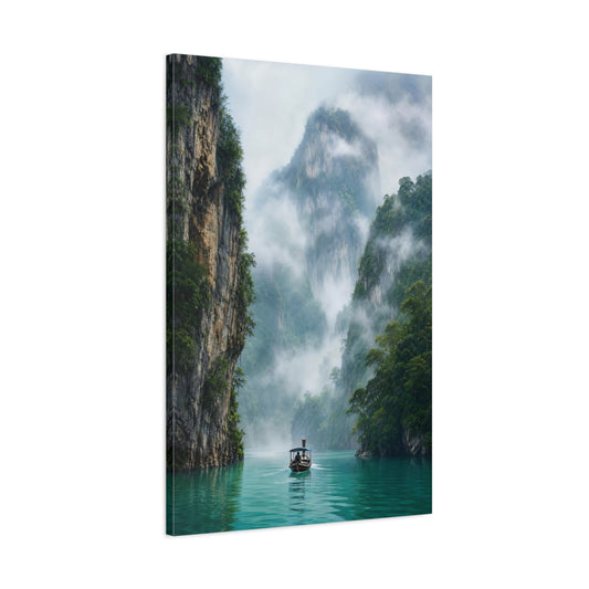 Main Mockup. Nature Longtail Boat Turquoise Green Landscape shown as stretched canvas wall art
