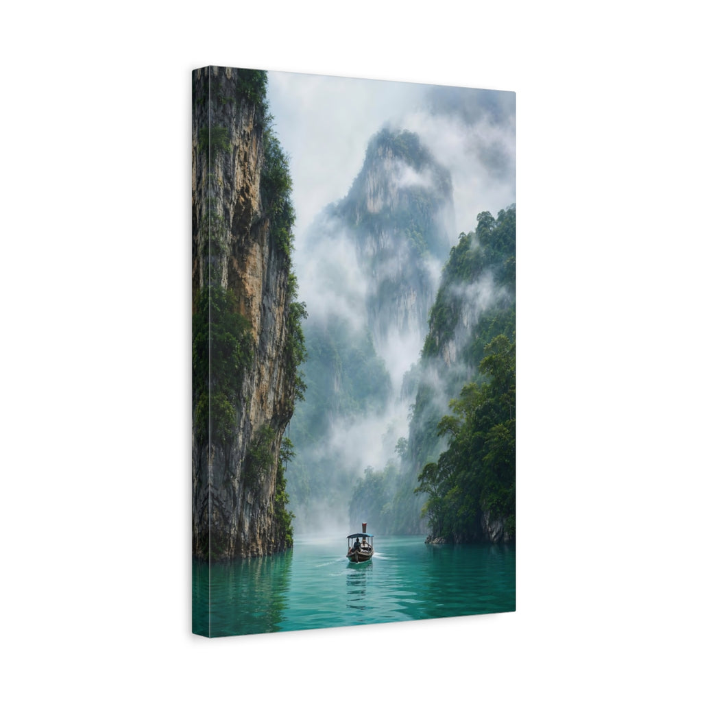 Side Mockup 4. Nature Longtail Boat Turquoise Green Landscape shown as stretched canvas wall art