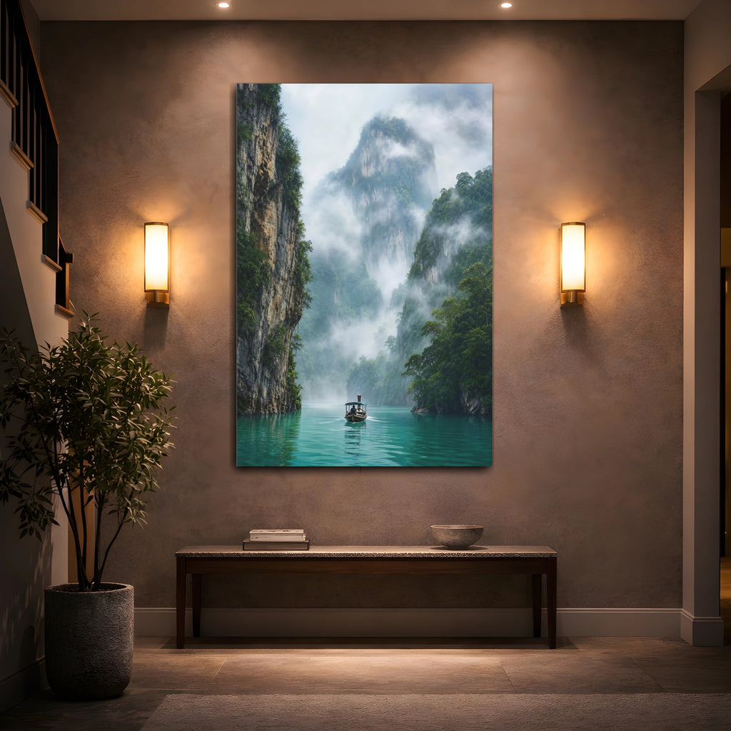 Mockup 2. Nature Longtail Boat Turquoise Green Landscape shown as stretched canvas wall art
