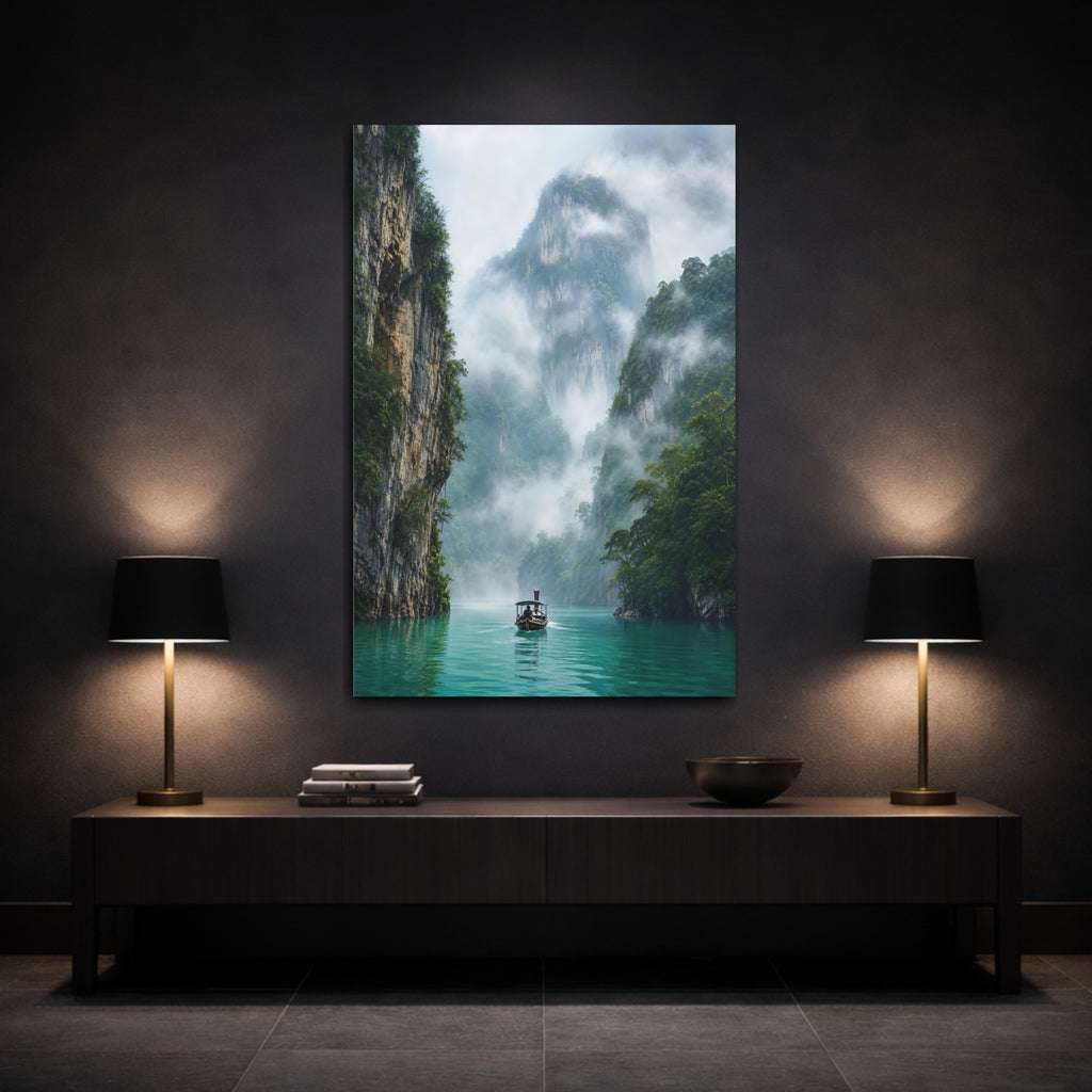 Mockup 3. Nature Longtail Boat Turquoise Green Landscape shown as stretched canvas wall art