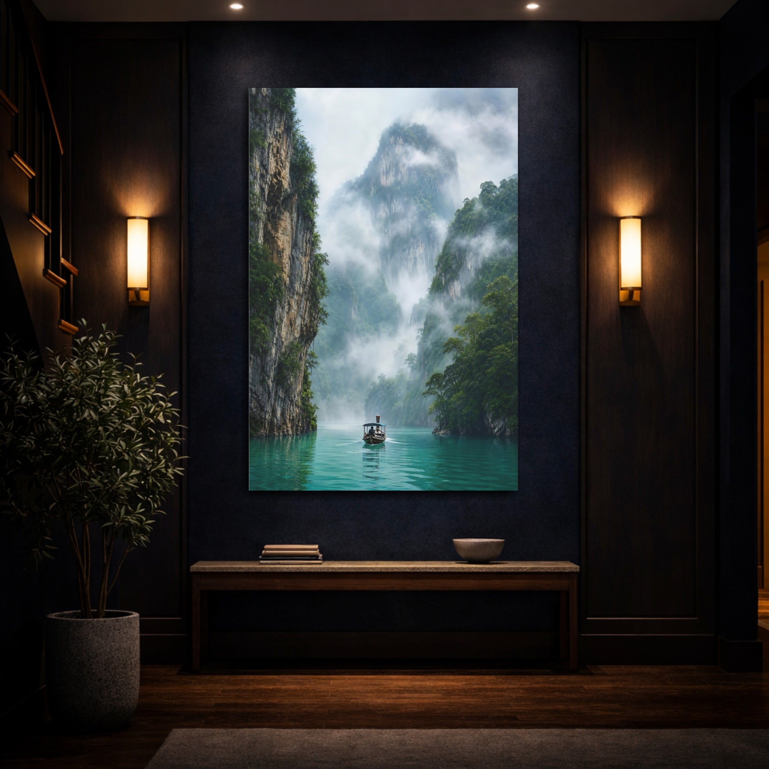 Mockup 4. Nature Longtail Boat Turquoise Green Landscape shown as stretched canvas wall art