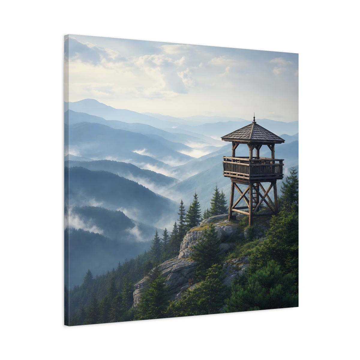 Main Mockup. Nature Lookout Tower Misty Mountain View shown as stretched canvas wall art