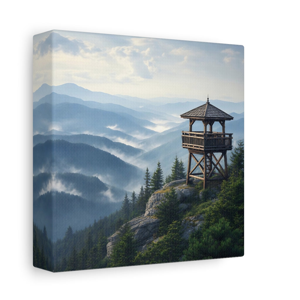 Side Mockup 2. Nature Lookout Tower Misty Mountain View shown as stretched canvas wall art