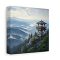 Side Mockup 2. Nature Lookout Tower Misty Mountain View shown as stretched canvas wall art